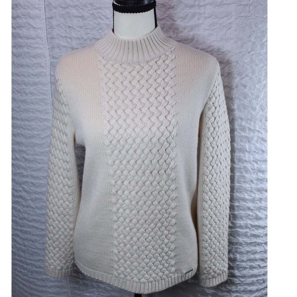 Geiger Cream Wool Cable Knit Mock Neck Sweater Basketweave White Austrian